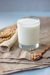 Soybean milk with soy beans around it