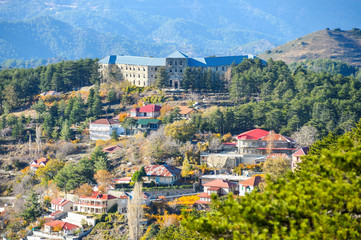 View on mountain village Prodromos and abandoned hotel, Troodos, Cyprus