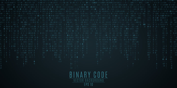 Binary code background. Blue glow. Falling figures. Global network. High technologies, programming, sci-fi. Vector illustration