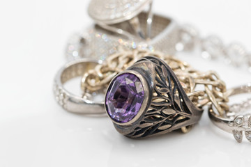 Unusual beautiful silver chain and a silver ring with gems