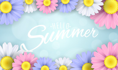 Hello Summer. Seasonal banner. Multicolored flowers on a light blue background. Glare bokeh. Calligraphic text. Vector illustration