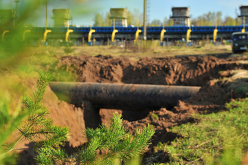 Gas compressor station. The gas pipeline. Emergency fire work. Repair of the gas pipeline. Russia, summer.