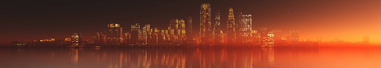 panorama of a night city, a city at sunrise, a panorama of skyscrapers,
3D rendering
