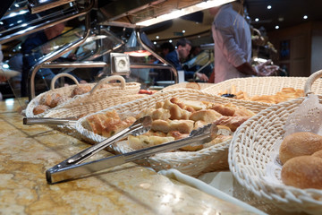 Buffet on the cruise ship. Bread and buns