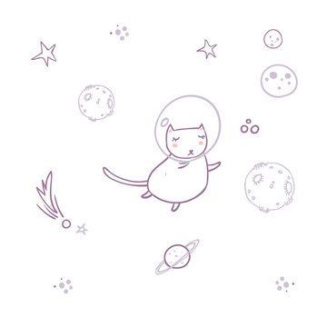 Cute cat flying in space surrounded by planets, stars, asteroids. Simple sweet kids nursery illustration. Graphic design for apparel.
