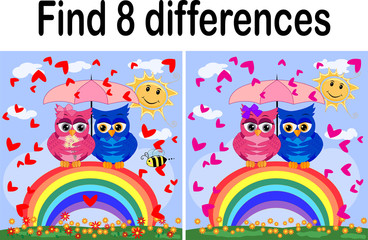 Children games: Find differences. Little cute owl sits on the tree branch.
