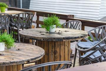 Modern style restaurant tables. Europe.