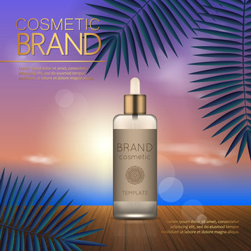 Summer cosmetic template on the sunset beach with exotic palm leaves background. Realistic 3D design.