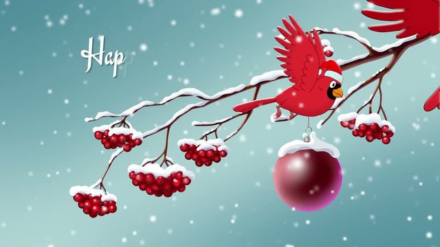 New Year animated card with rowan branch, red birds, Christmas toy and greeting text Happy New Year!