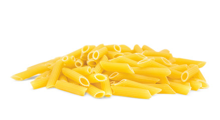 Heap of raw pasta on white background.