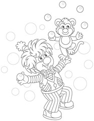 Funny circus clown with his small monkey juggling with balls, black and white vector illustration in a cartoon style for a coloring book
