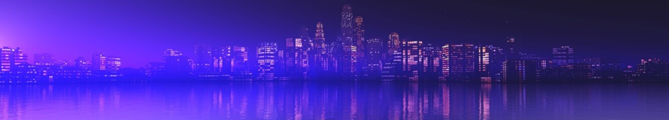 panorama of a night city, a city at sunrise, a panorama of skyscrapers, 3D rendering