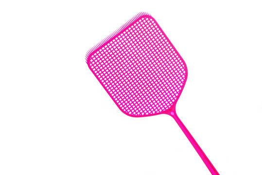 pink flyswatter from plastic isolated on a white background, copy space