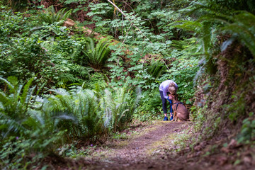 Fototapeta premium Female baby boomer in a purple top and black running pants in a quiet moment with her dog on a forest trail 