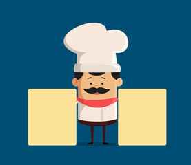 Cartoon Chef with two blank banners Flat Vector Illustration Design
