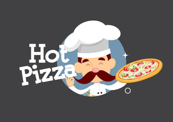 Hot Pizza Mascot Cartoon Chef  Flat Vector Illustration Design