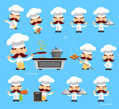 variouscute Pose of cook and Chef Flat Vector Illustration Design