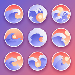 Ocean waves collection. Sea storm color waves. Waves, water elements set. Nature wave water storm badges