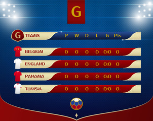 Soccer or football results table template design. Schedule of soccer matches on the dot pattern and stadium lighting for football championship. Vector illustration