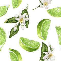 Seamless pattern in green and marine colors with lime slices and citrus lemon flowers