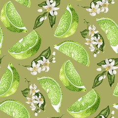 Seamless pattern in green and marine colors with lime slices and citrus lemon flowers