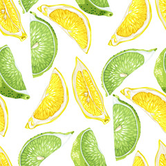 Seamless summer pattern with citrus slices of lemon and lime tree fruits