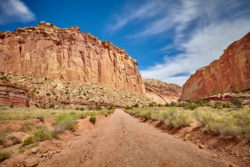 Scenic dirt road in the Capitol Reef National Park,  Utah, USA.