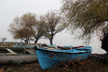 Naklejka na ściany i meble a blue fishing boat on the beach of Gölyazı Lake 