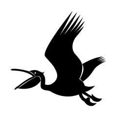 Vector image of silhouette of a pelican flying with an open beak