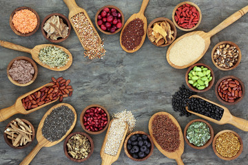 Super food with legumes, grains, seeds, berry fruit, cereals, medicinal herbs and spices, pollen grain & nutritional supplement powders,  Foods high in antioxidants, anthocyanins, minerals & vitamins.