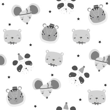 Monochrome kids seamless pattern with animals faces. Vector hand drawn illustration.