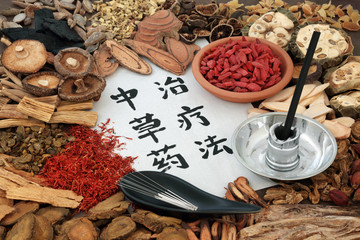 Chinese acupuncture needles and moxa sticks used in moxibustion therapy with herbs used in herbal...
