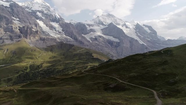 Pedestal shot of Mannlichen and Eiger, Bernese Alps. Kleine Scheidegg pass and Eiger Glaciers.