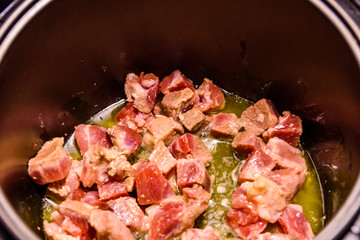 Pork meat preparing in a slow cooker