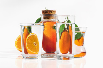 Still life with oranges seemed throught glass objects