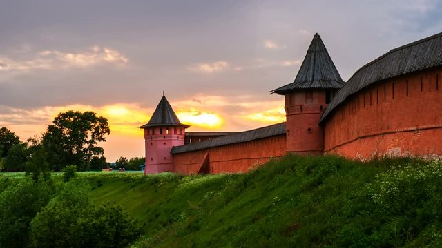 Suzdal, Russia. Panoramic view of Spaso-Evfimiev monastery in Suzdal, Russia during a cloudy sunset. Golden tour trip in Russia. Time-lapse at sunset