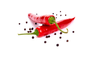 Red and green chilli peppers & black peppercorns, hot cooking spices, Isolated against a white background.