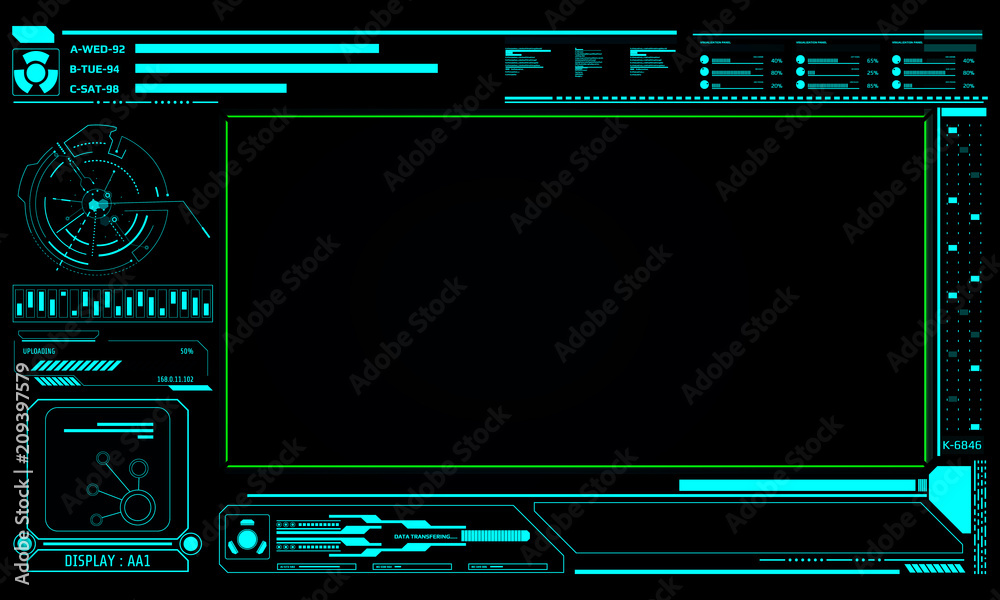 Poster HUD Futuristic Elements Screen Information Vector. Green Frame Virtual Abstract Data Transfer Status Scifi Game User Concept Control Monitor Panel.