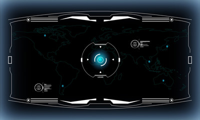 HUD Hi Tech Futuristic World Map Location Security Code Scan Protection User Screen Interface Concept Vector. Abstract Crosshair Target Searching Area Communication Design Concept Illustration.