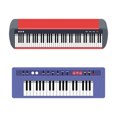 Fototapeta premium Elecronic piano set isolated on white background. Keyboard piano musical instruments. Music synthesizer. Cute flat cartoon style. Vector illustration 