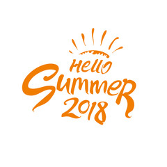 Hello Summer 2018. Vector template. Handwritten symbol with rays of sun.