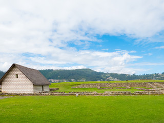 Fototapeta na wymiar reconstruction of an Inca house in the Pumapungo archaeological park Cuenca Ecuador