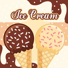 ice cream cones chocolate and vanilla chips vector illustration