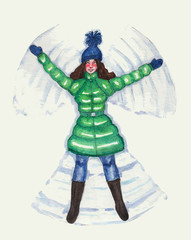 Watercolor girl, snow angel, winter illustration