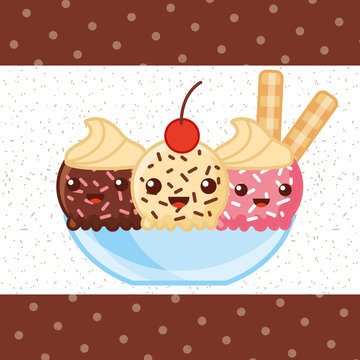ice scream kawaii three flavors cup chocolate strawberry passion fruit sticks vector illustration
