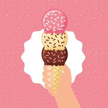 ice scream pinks dotted hand holding cone of various flavors vector illustration