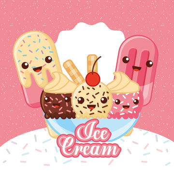 ices scream kawaii table with cup popsicle cone many flavors sparks cream sticks vector illustration