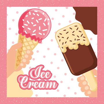 ices scream two hands holding popsicle cone sparks chocolate strawberry striped background vector illustration