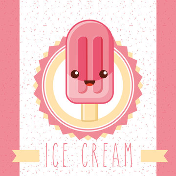 ices scream kawaii sticker pennant strawberry popsicle vector illustration