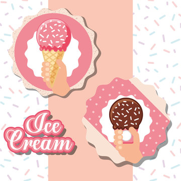 ices scream labels pink striped hands holding cones chocolate strawberry sparks vector illustration